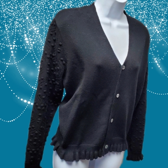 Black Sweater Short Cardigan Puff Pom Sleeves - Picture 1 of 13